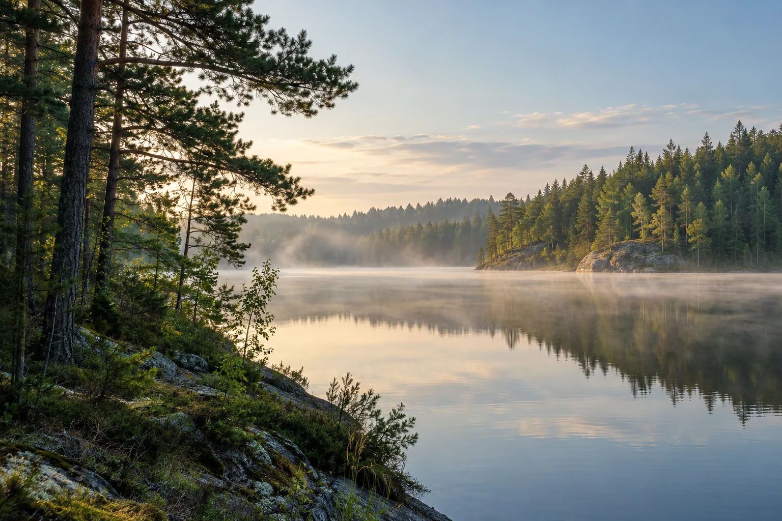 Tyyni järvi ja metsän peilaus aamun valossa